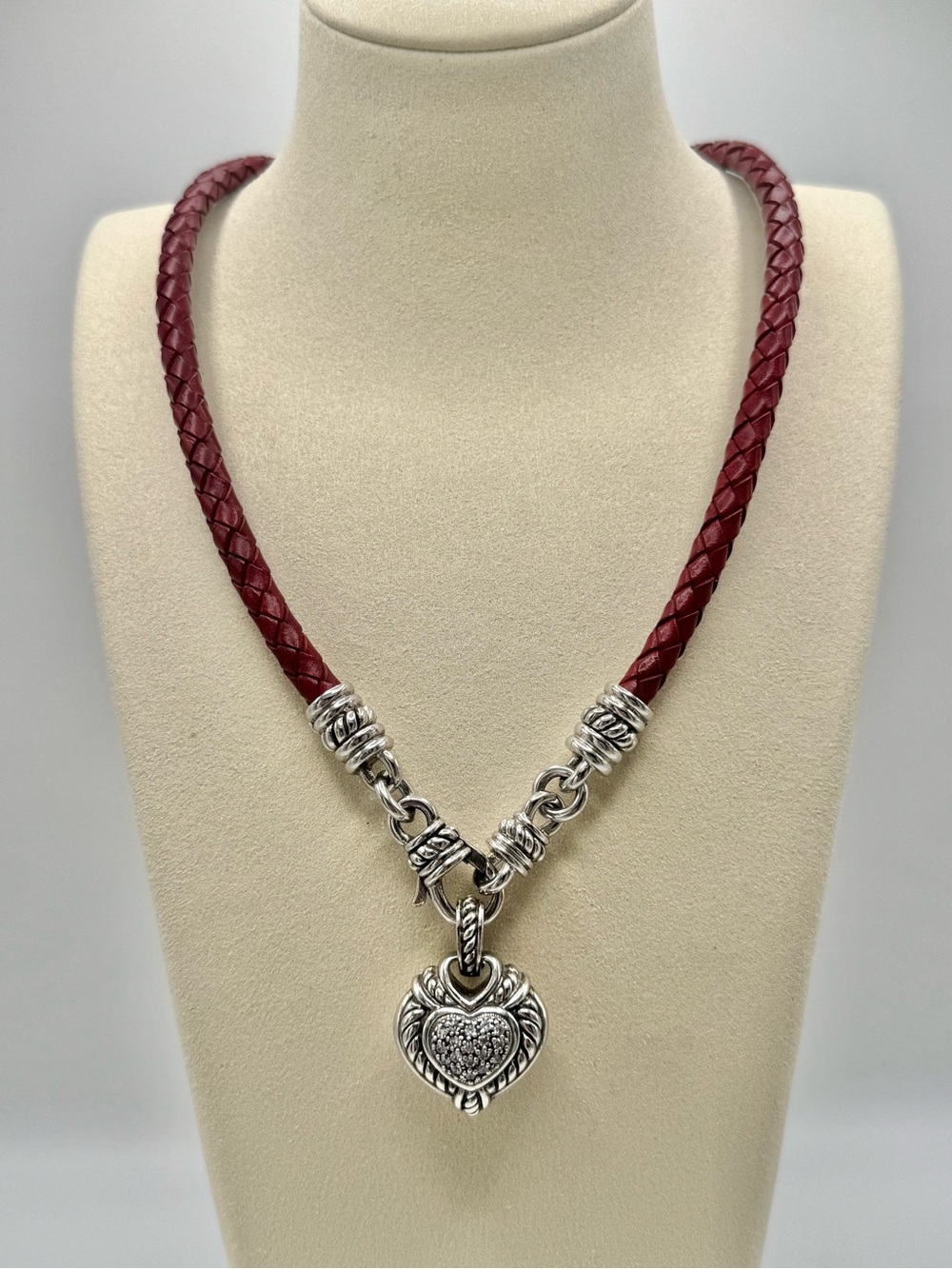 Judith Ripka Sterling Silver Heart Necklace on Burgundy Leather Cord